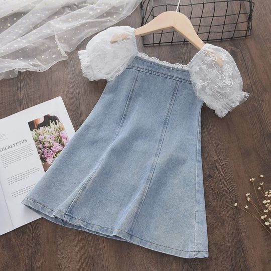 【18M-7Y】Girls' Elegant Pearl Puff Tulle Sleeve Patchwork Soft Denim Dress