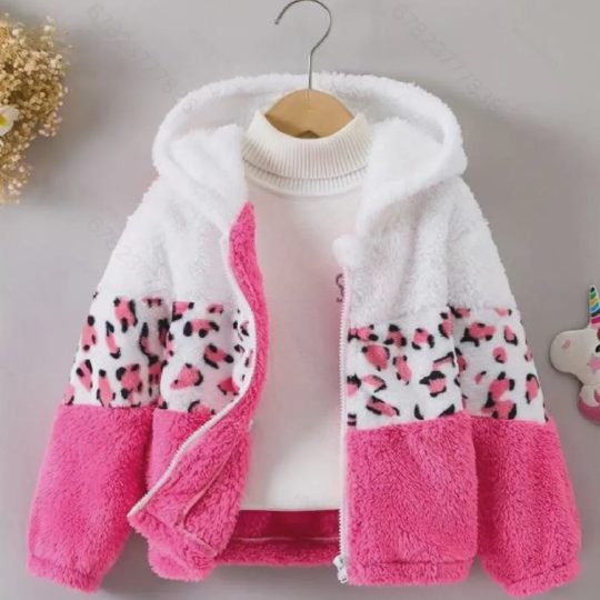【18M-8Y】Girls Casual Leopard Print Sherpa Keep Warm Colorblock Hooded Coat