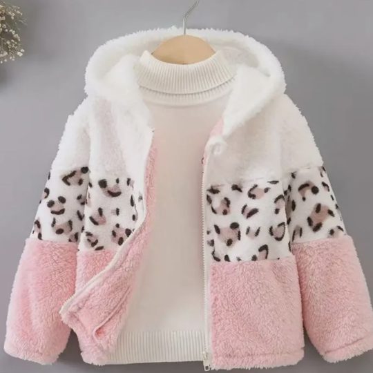 【18M-8Y】Girls Casual Leopard Print Sherpa Keep Warm Colorblock Hooded Coat