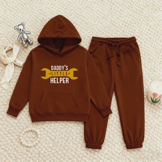 【2Y-13Y】Fleece-Lined Hoodie And Joggers Set With Daddy's Little Helper Design For Kids