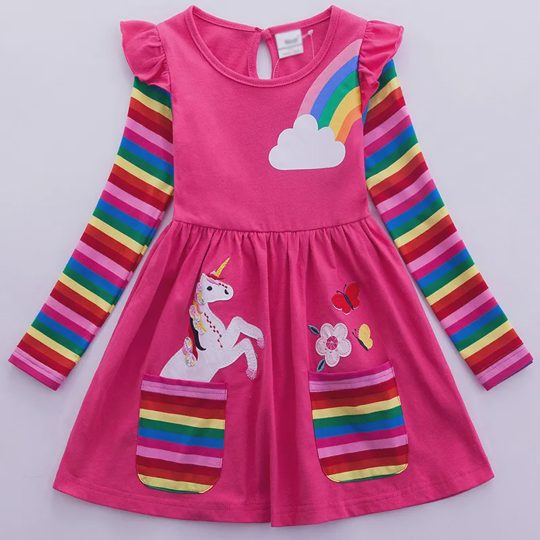 【3Y-8Y】Girl Sweet Rainbow Unicorn Pattern Long Sleeve Dress