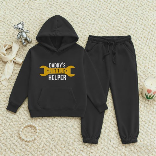 【2Y-13Y】Fleece-Lined Hoodie And Joggers Set With Daddy's Little Helper Design For Kids
