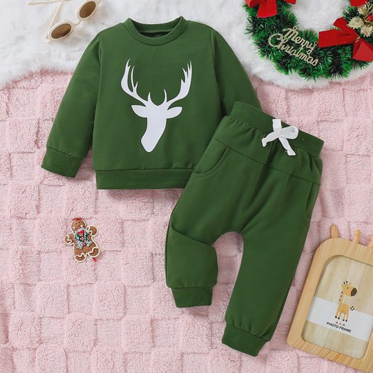 【3M-3Y】2-piece Baby Boys Cute Cotton Deer Print Round Neck Sweatshirt And Pants Set