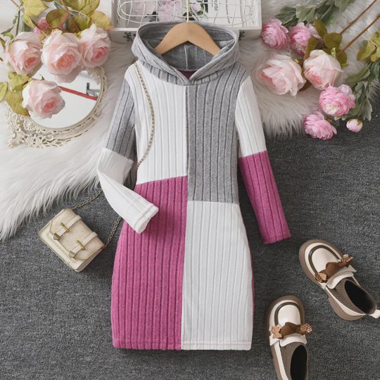 【3Y-10Y】Girls' Long Sleeve Color Block Ribbed Knit Dress