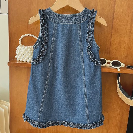 【18M-10Y】Girls Fashion Ruffle Design Blue Sleeveless Denim Dress - 33495