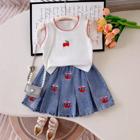 【2Y-7Y】Girls' Sleeveless Top + Cherry Embroidered Pleated Denim Skirt 2-Piece Set