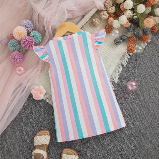 【6M-3Y】Girls Casual Cat & Stripe Printed Colorblock Round Neck Cap Sleeve Dress