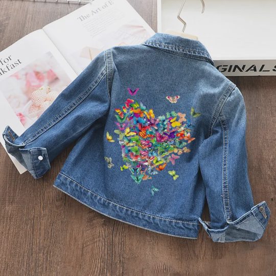 【18M-11Y】Girls Fashion Heart Shaped Butterfly Print Blue Denim Jacket