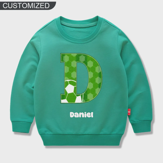 【12M-11Y】Custom Name Soccer Initial Sweatshirt For Kids - Personalized Gift For Boys