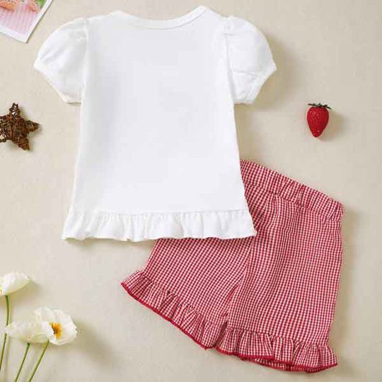 【3M-4Y】Baby Girl Strawberry Embroidery White Ruffle Hem Top + Red Plaid Shorts, Elegant Cute Series, Best Gift For Baby