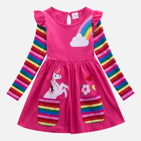 【3Y-8Y】Girl Sweet Rainbow Unicorn Pattern Long Sleeve Dress