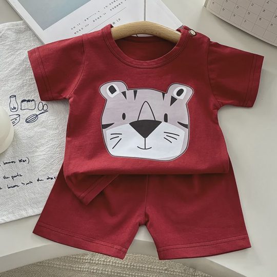 【12M-8Y】2-piece Boys Casual Cotton Cartoon Print Multicolor Short Sleeve T-shirt And Shorts Set