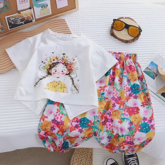 【18M-10Y】2pcs Young Girl Cartoon Character Print Short Sleeve Top And Flower Pattern Pants Set