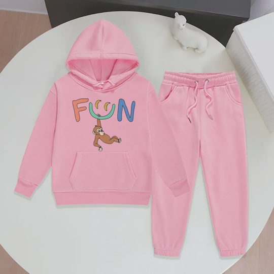 【2Y-13Y】Festive Fleece-Lined Hoodie And Jogger Set With Fun Banana Monkey Cartoon Design For Kids