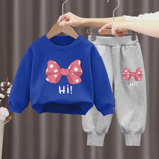 【18M-10Y】2-piece Girls Multicolor Bow Print Long-sleeved Sweatshirt And Pants Set - 34430