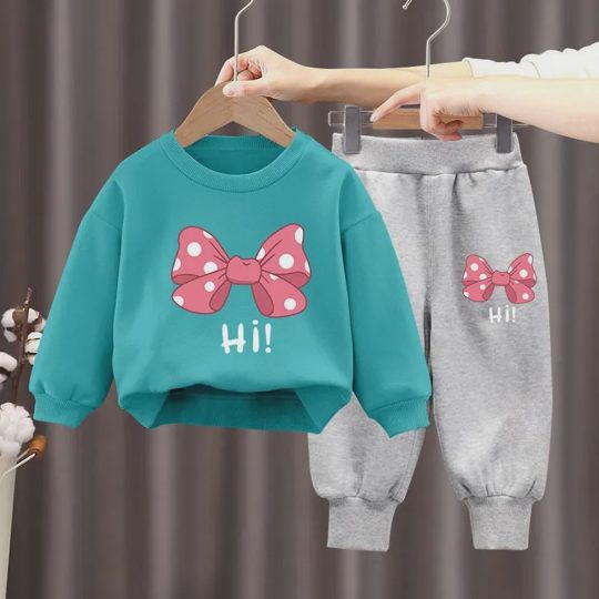 【18M-10Y】2-piece Girls Multicolor Bow Print Long-sleeved Sweatshirt And Pants Set - 34430