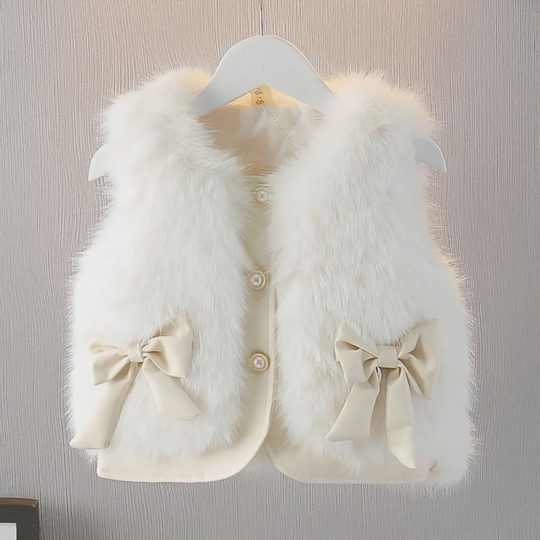 【18M-6Y】Girls Thick Faux Fur Bow Vest Coat