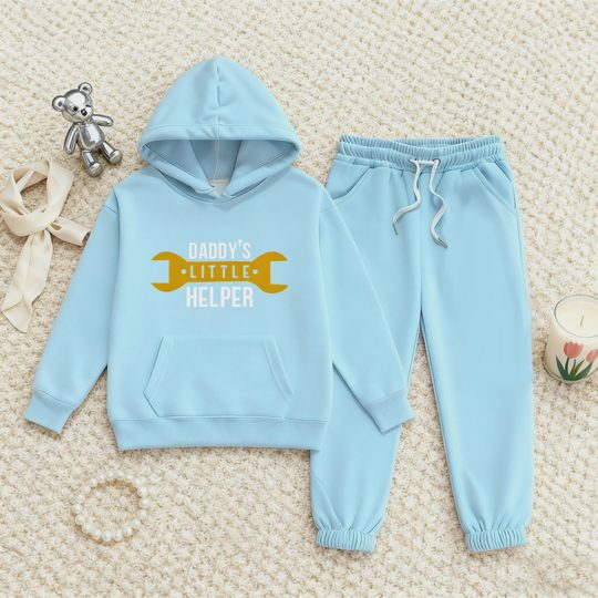 【2Y-13Y】Fleece-Lined Hoodie And Joggers Set With Daddy's Little Helper Design For Kids