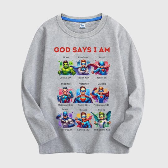 【18M-11Y】Kids Long Sleeve Tee With Superhero & Bible Quote Print