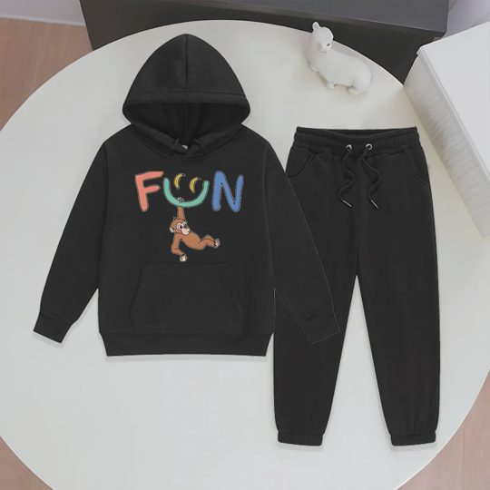 【2Y-13Y】Festive Fleece-Lined Hoodie And Jogger Set With Fun Banana Monkey Cartoon Design For Kids