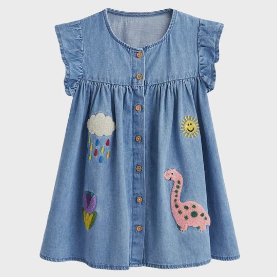 【1Y-7Y】Girls Cute Dinosaur And Flower And Sun Embroidered Blue Denim Dress