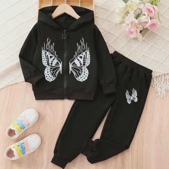 【2Y-7Y】Girls Butterfly Print Hooded Sweatshirt Two-piece Set