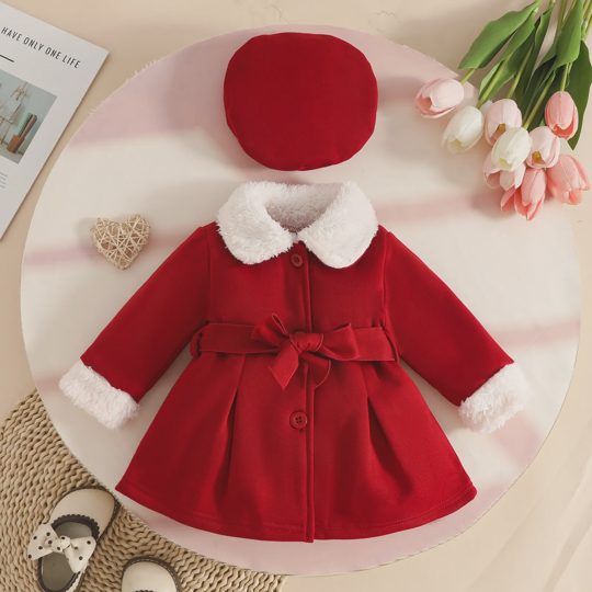 【6M-3Y】Girls Christmas Fur Collar Single-breasted Belted Coat And Beret