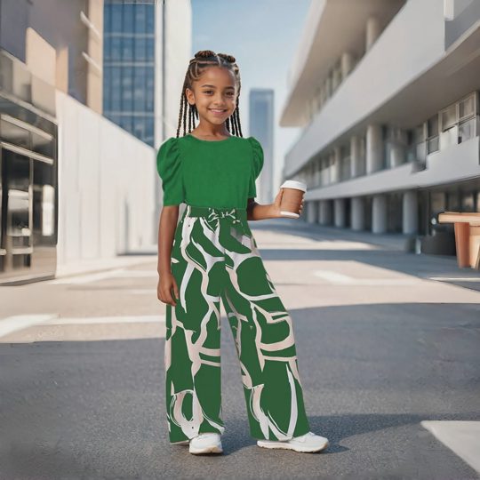 【3Y-13Y】2-piece Girls Black Puff Sleeves Top And Pants Set