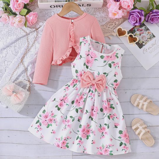 【2Y-8Y】2-piece Girls Elegant Floral Print Bowknot Sleeveless Dress And Ruffled Long Sleeve Top Jacket Set