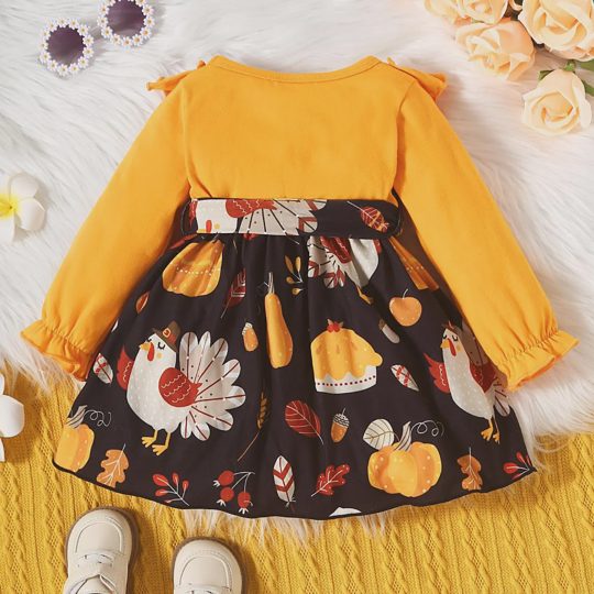 【0M-24M】Girls Thanksgiving Ruffle Sleeve Turkey Long Sleeve Dress