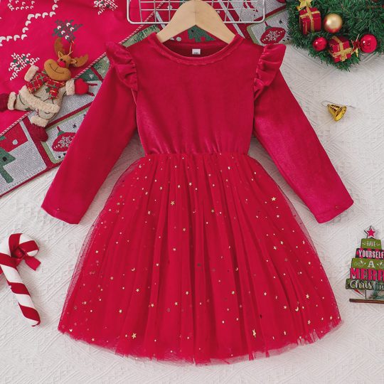 【2Y-7Y】Girls Christmas Velvet Long Sleeve Star Mesh Dress
