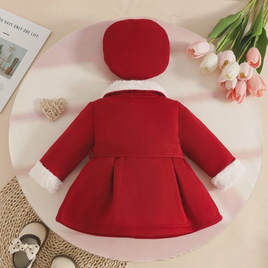 【6M-3Y】Girls Christmas Fur Collar Single-breasted Belted Coat And Beret