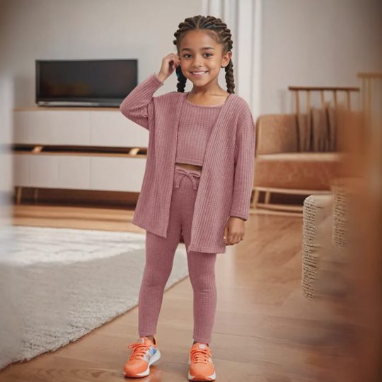 【3Y-10Y】3-piece Girls Solid Color Vest Pants And Outwear Set