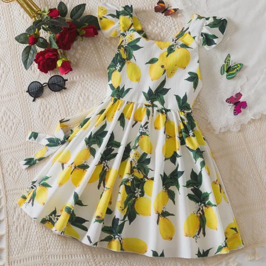 【2Y-7Y】Girls' Fresh Lemon Print Vacation Style Backless Dress