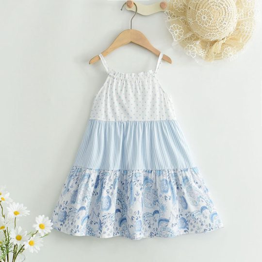 【2Y-7Y】Girls' Trendy Floral Lace Trim Tiered Dress