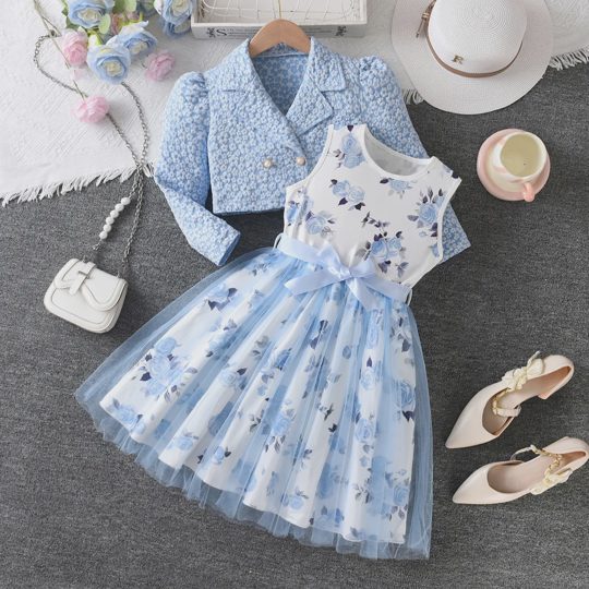 【5Y-15Y】Girls Rose Vest Dress With Tweed Lapel Jacket Two-piece Set