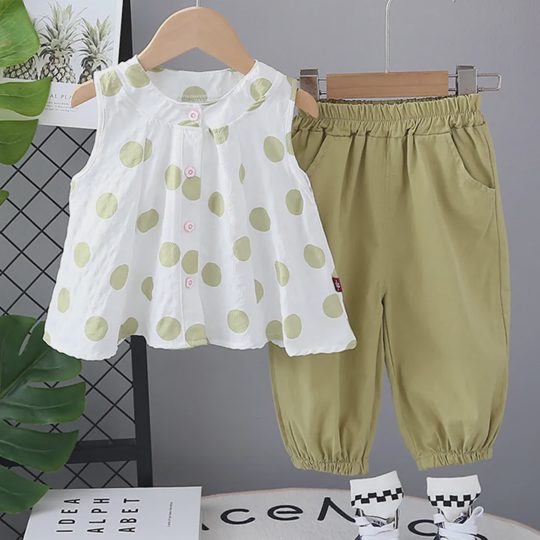 【12M-5Y】2-piece Girls Cute Chiffon Polka Dot Print Sleeveless Top And Bloomers Set