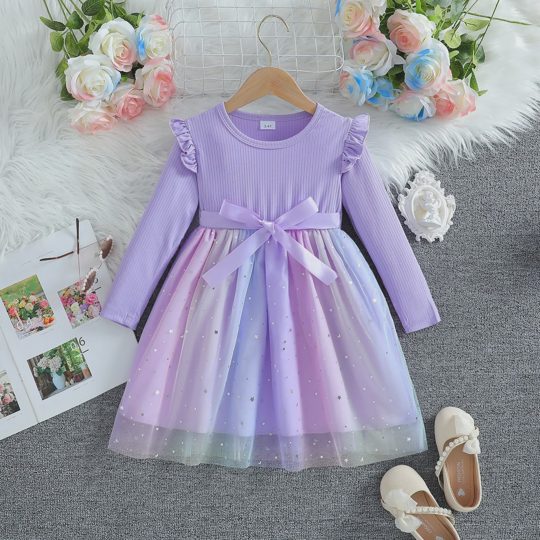 【18M-6Y】Girls Rainbow Star Sequin Mesh Princess Dress