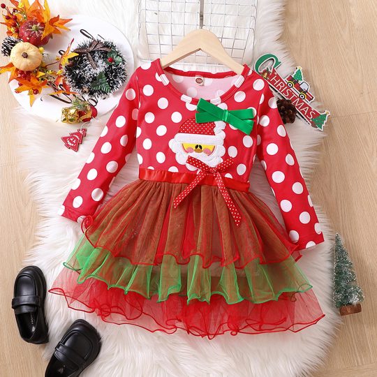 【18M-6Y】Girls Christmas Bow Long Sleeve Polka Dot Princess Dress