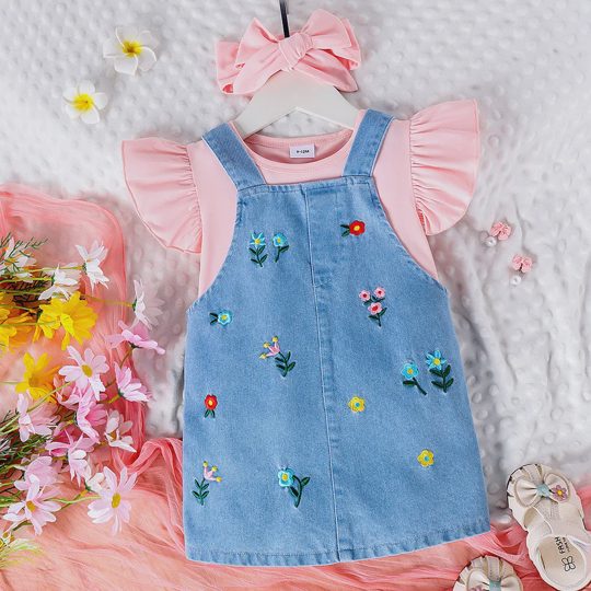 【9M-3Y】3-piece Baby Girl Sweet Pink Ruffle Top And Floral Embroidered Denim Strap Skirt Set With Hairband