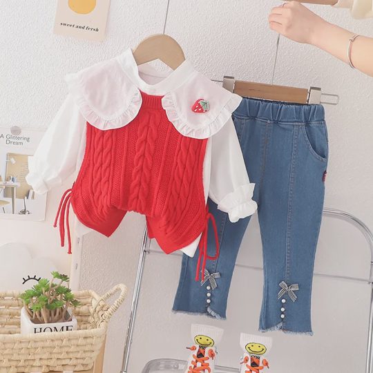【12M-5Y】Girls Solid Peter Pan Collar Long-Sleeve Blouse, Knit Sweater Vest, And Wide-Leg Pants 3-piece Set