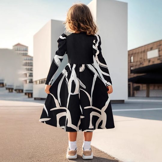 【3Y-10Y】Girls' Geometric Print Long Sleeve Puff-Sleeve Simple Dress