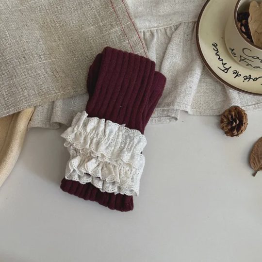 【6M-10Y】Girls' Wide-Stripe Ruffle Ankle-Length Knit Leggings