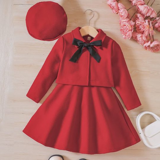 【18M-6Y】3pcs/Set Young Girl Short Jacket + Jumper Dress, Comes With Bow Beret Hat, Autumn/Winter