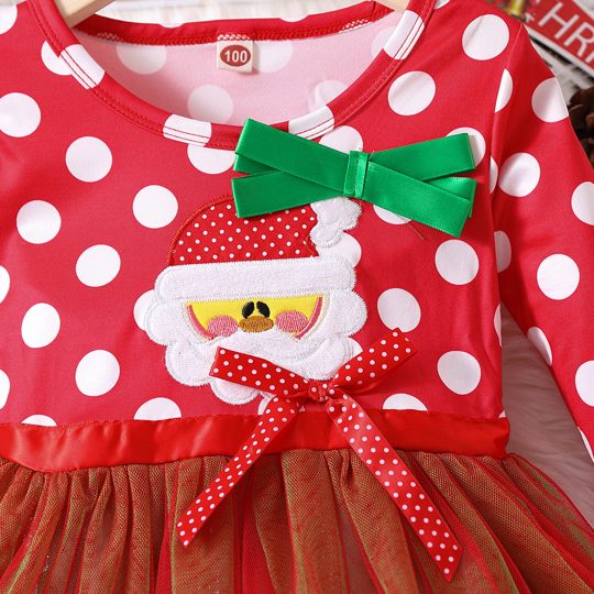 【18M-6Y】Girls Christmas Bow Long Sleeve Polka Dot Princess Dress
