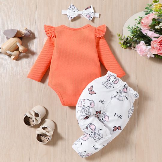 【0M-18M】3-piece Baby Girl Giraffe And Elephant Print Long Sleeve Romper And Pants Set With Hairband