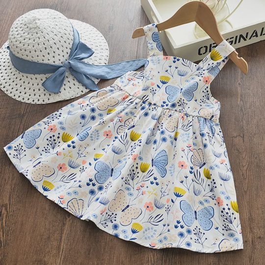 【12M-5Y】2-piece Girls Sweetheart Butterfly And Floral Print Dress With Free Bow Hat - 33386