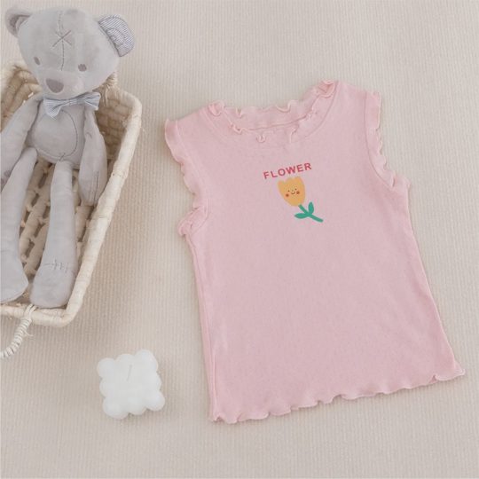 【18M-9Y】Kids Girls Sweet Solid Color Ruffle Trim Sleeveless T-Shirt Casual Summer Top