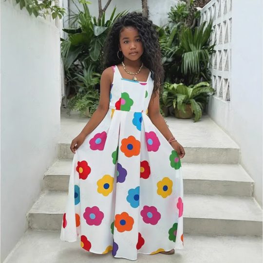 【5Y-15Y】Girls' Casual Floral Print Tie-Strap Dress