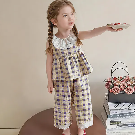 【12M-13Y】Girls' Lace Polka Dot Top + Pants Set